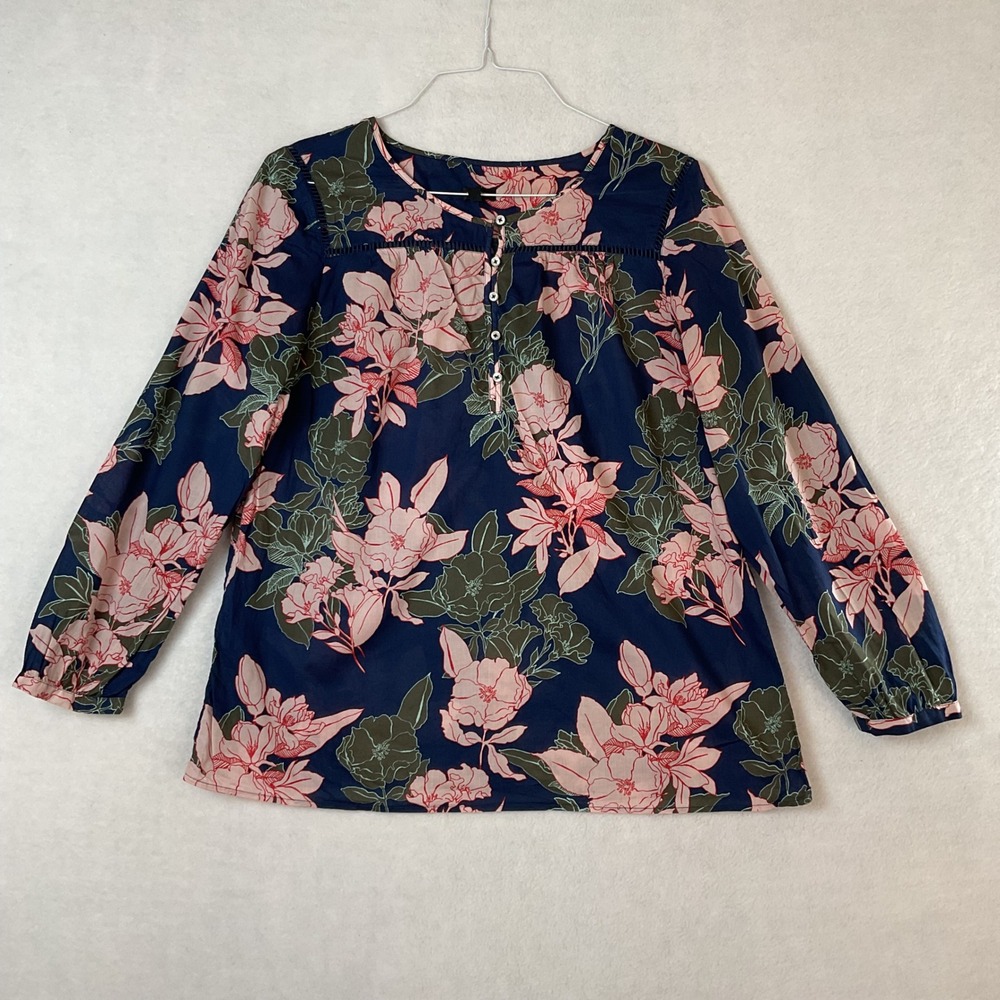 Talbots Womens Large Navy Pink Floral Cotton Voile Button Neck Blouse